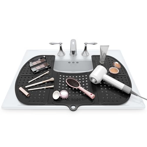 Sink Topper Bathroom Counter Cover & Storage Saver, Foldable Silicone Mat for Hot Tools, Hair Styling & Makeup, Beauty Brush Cleaning Mat, RV Camper Sink Cover & for Small Spaces (Large Black) | Amazon (US)