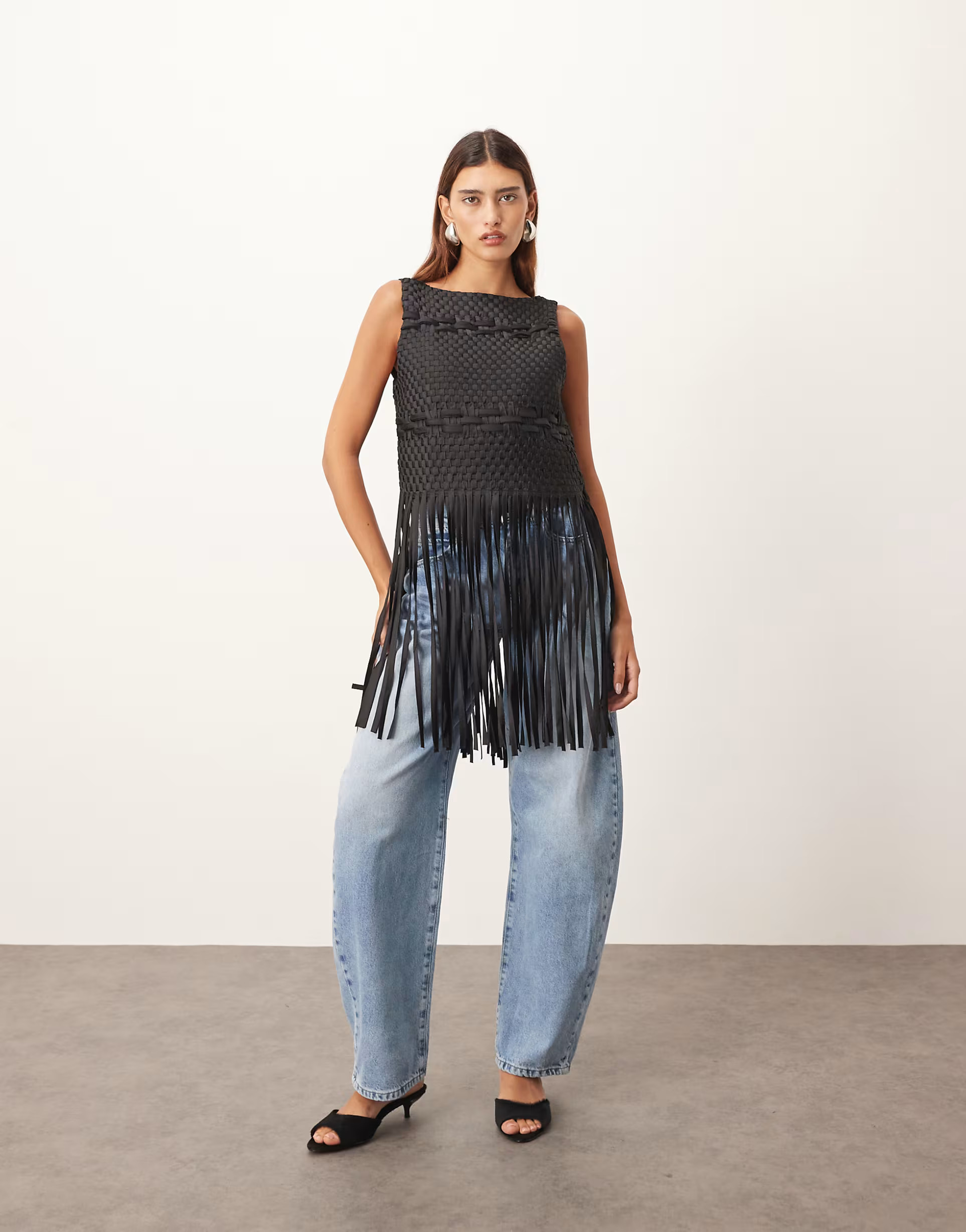 ARRANGE lattice hand-woven top with fringe hem in black | ASOS (Global)
