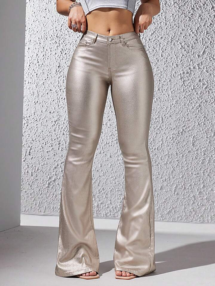 SHEIN Tall Women's Fashion Metallic Skinny Flared Pants | SHEIN