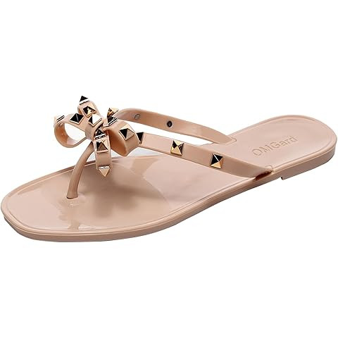 Studded Jelly Shoes for Womens Bow Flip Flops Jellies Sandals Flat Black Summer Beach Thong with ... | Amazon (US)