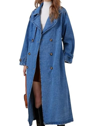 utcoco Womens Notched Lapel Denim Trench Coat Casual Loose Double Breasted Mid Long Jean Jacket with Belt (X-Large, Blue) | Amazon (US)
