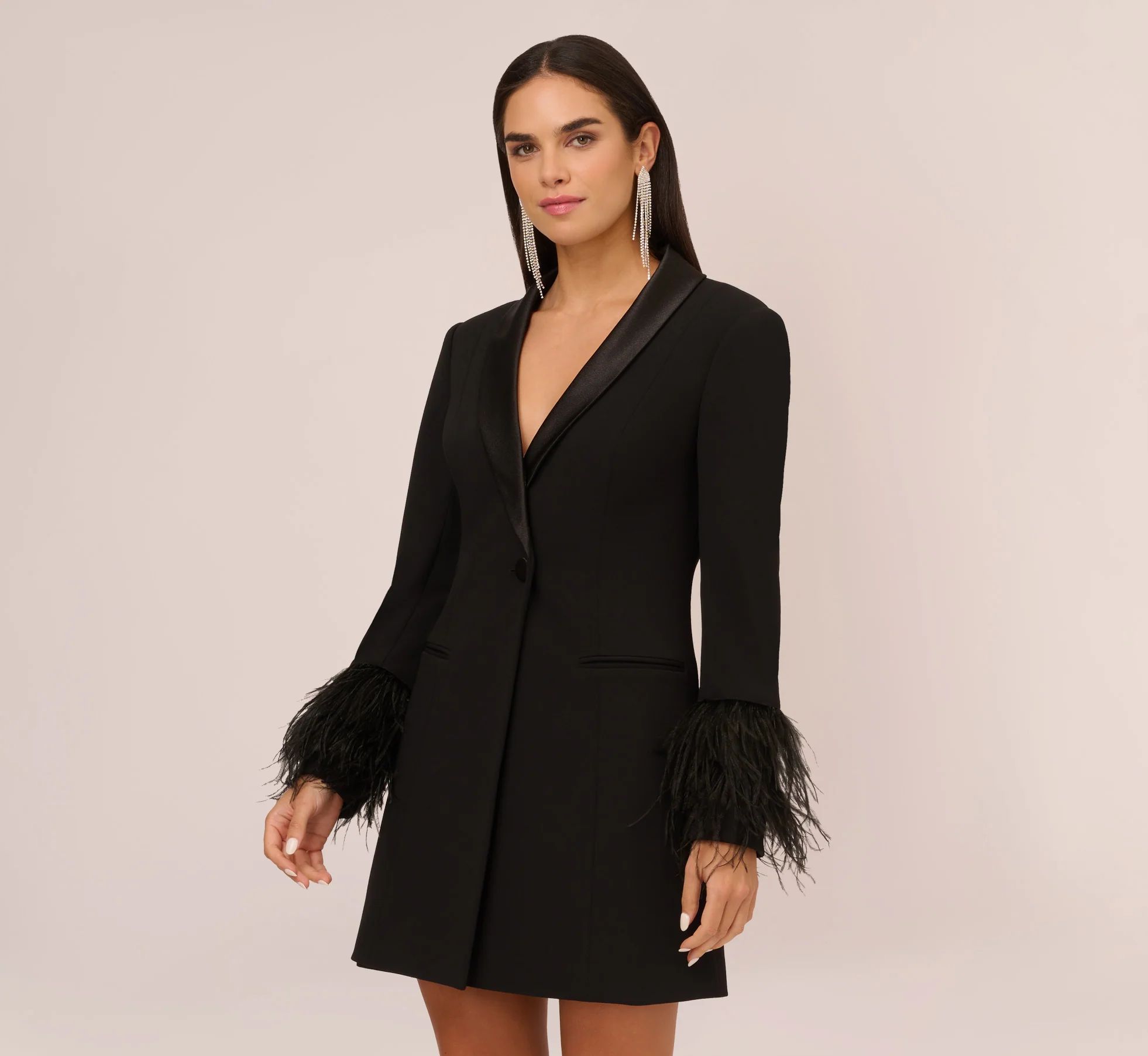 Knit Crepe Long Sleeve Blazer Dress With Feather Trim In Black | Adrianna Papell