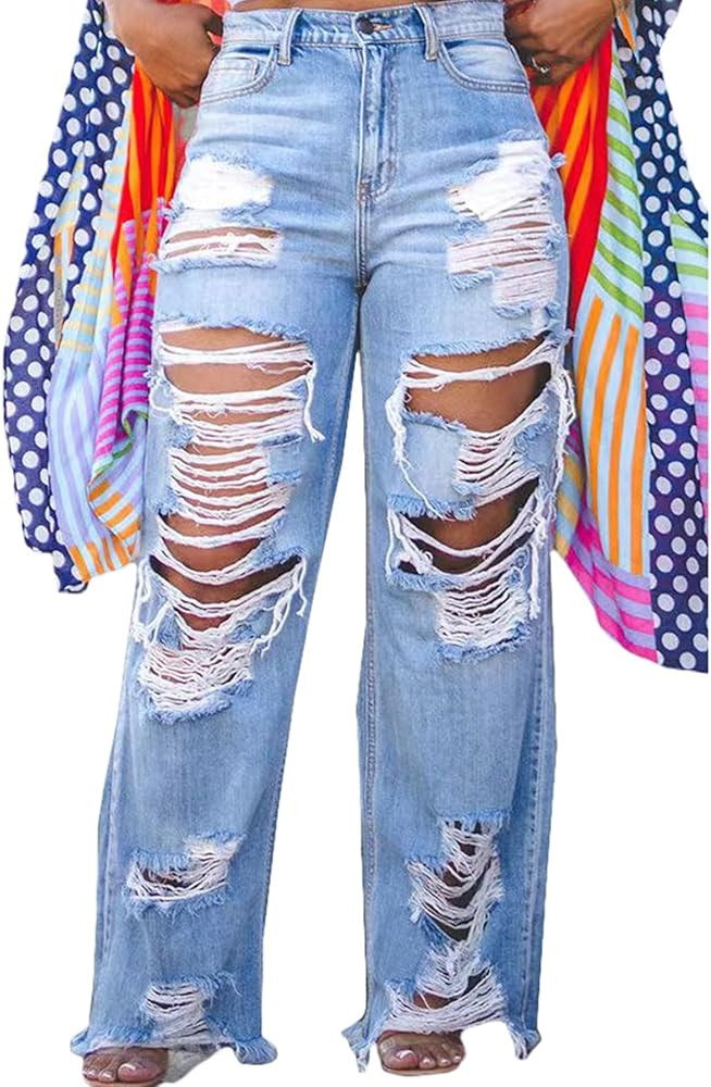 Ptorlio Women's Ripped Jeans Y2k Straight Wide Leg High Waisted Jean Distressed Baggy Denim Pants | Amazon (US)