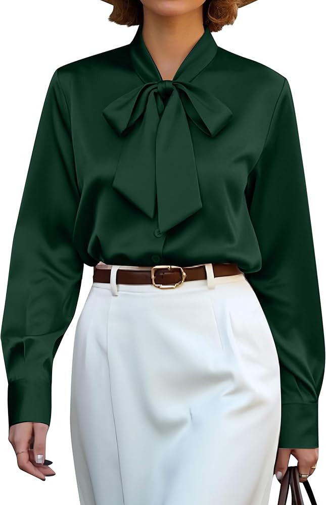 CBOO Women's Bow Tie Neck Button Down Shirts Silk Blouses Long Sleeve Elegant Satin Blouse Casual... | Amazon (US)