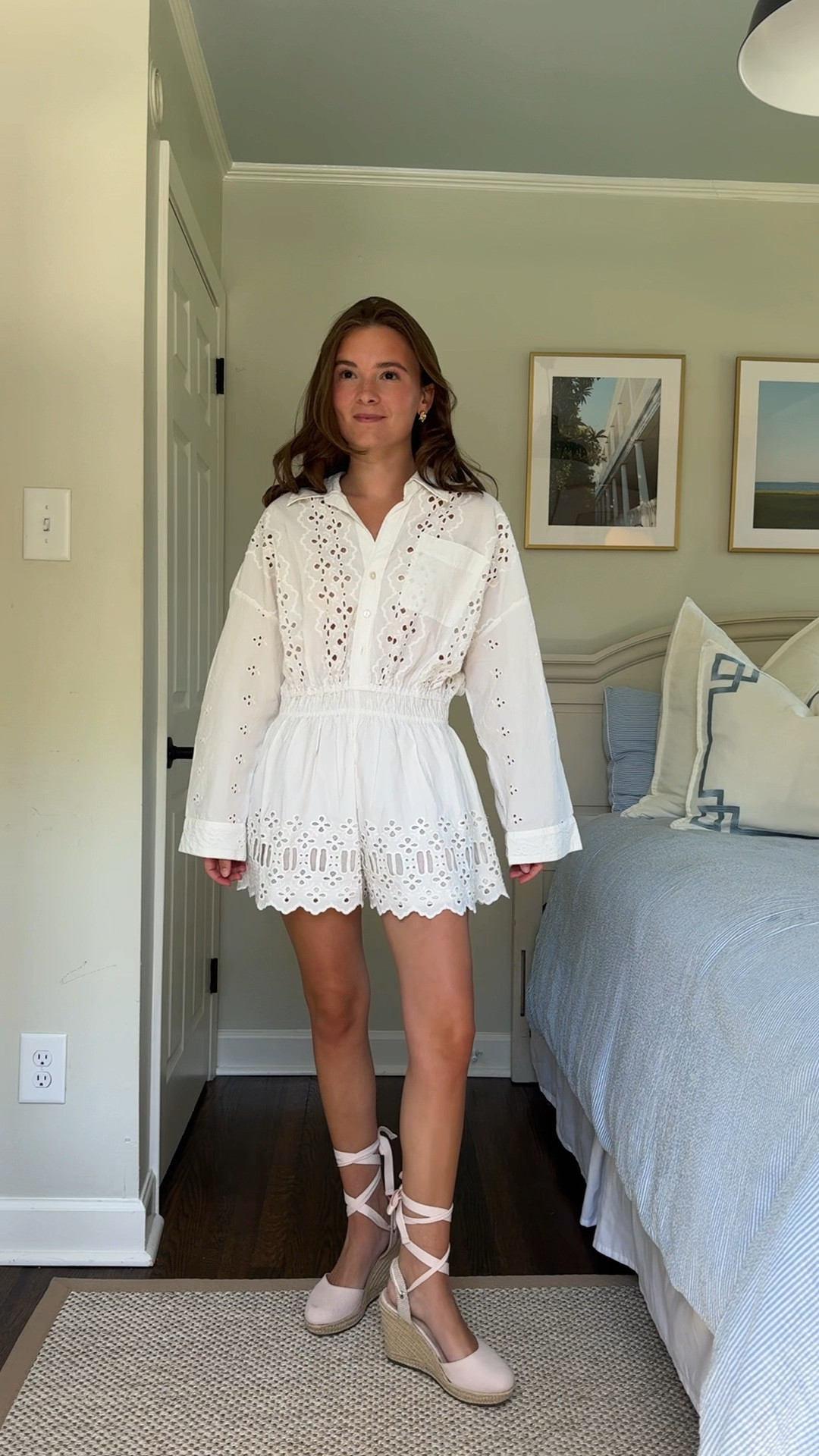 Wearing my usual size and I’m 5’2” xs - tagged some very similar shirts to the last one, since it’s almost sold out! #whiteoutfits #linen #summeroutfit #eyelet 