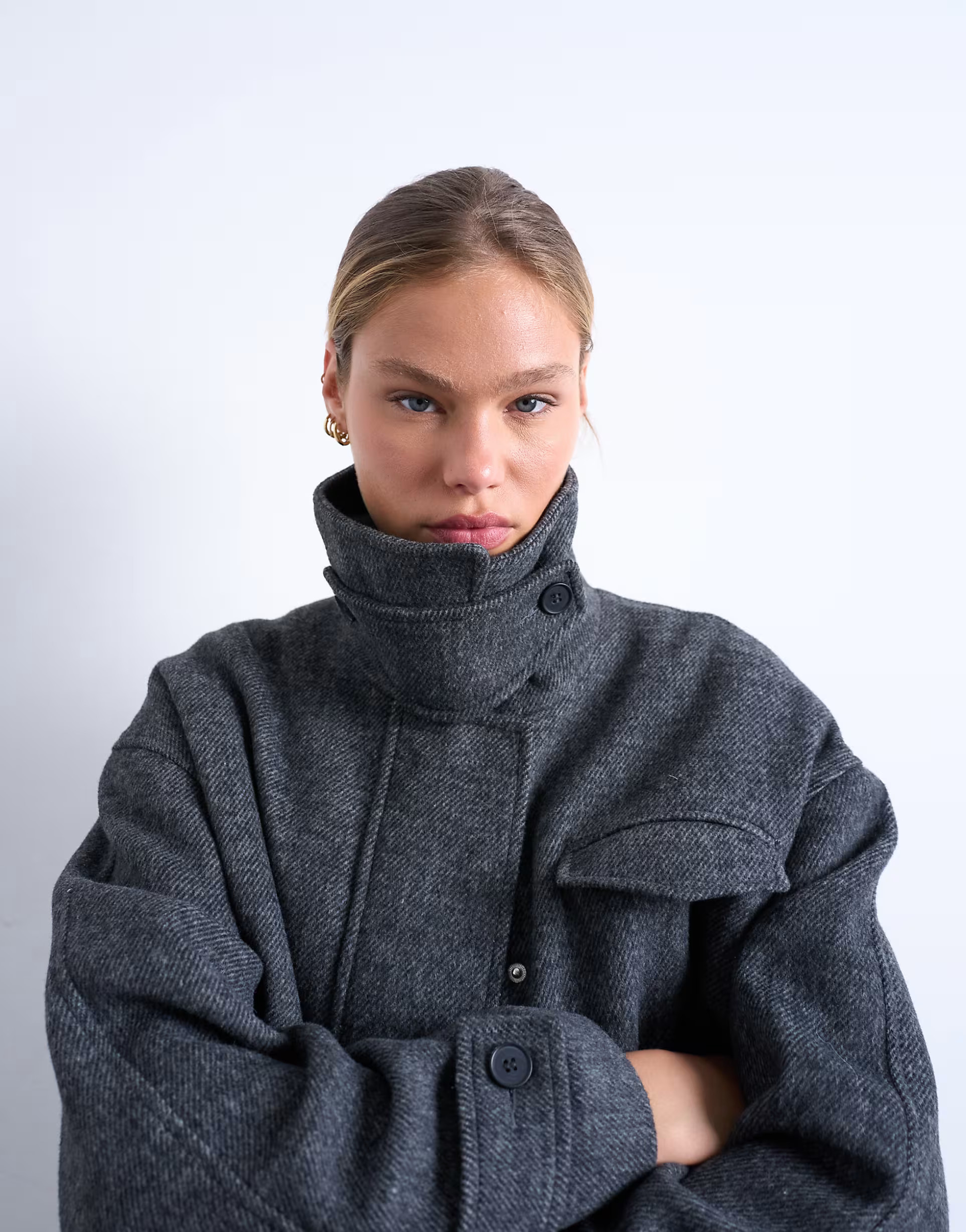 Topshop wool look funnel neck bomber jacket with tab detail in charcoal | ASOS (Global)