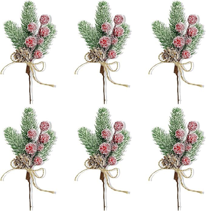 6 Pcs Christmas Red Berry Stems Floral Pine Cones Berries Pinecones , Christmas Tree Picks Red Be... | Amazon (US)