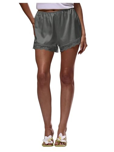 RoseSeek Women's Lace Trim Satin Shorts Shiny Elastic Waist Mini Shorts French Knickers Dark Grey X-Small | Amazon (US)