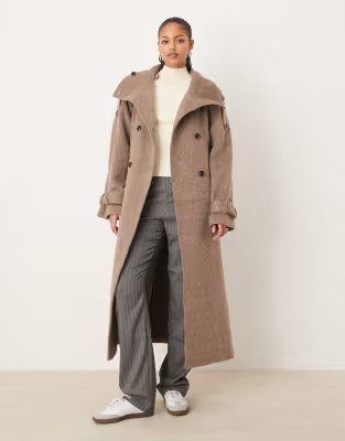 ASOS DESIGN Tall brushed funnel neck trench coat in mushroom | ASOS (Global)