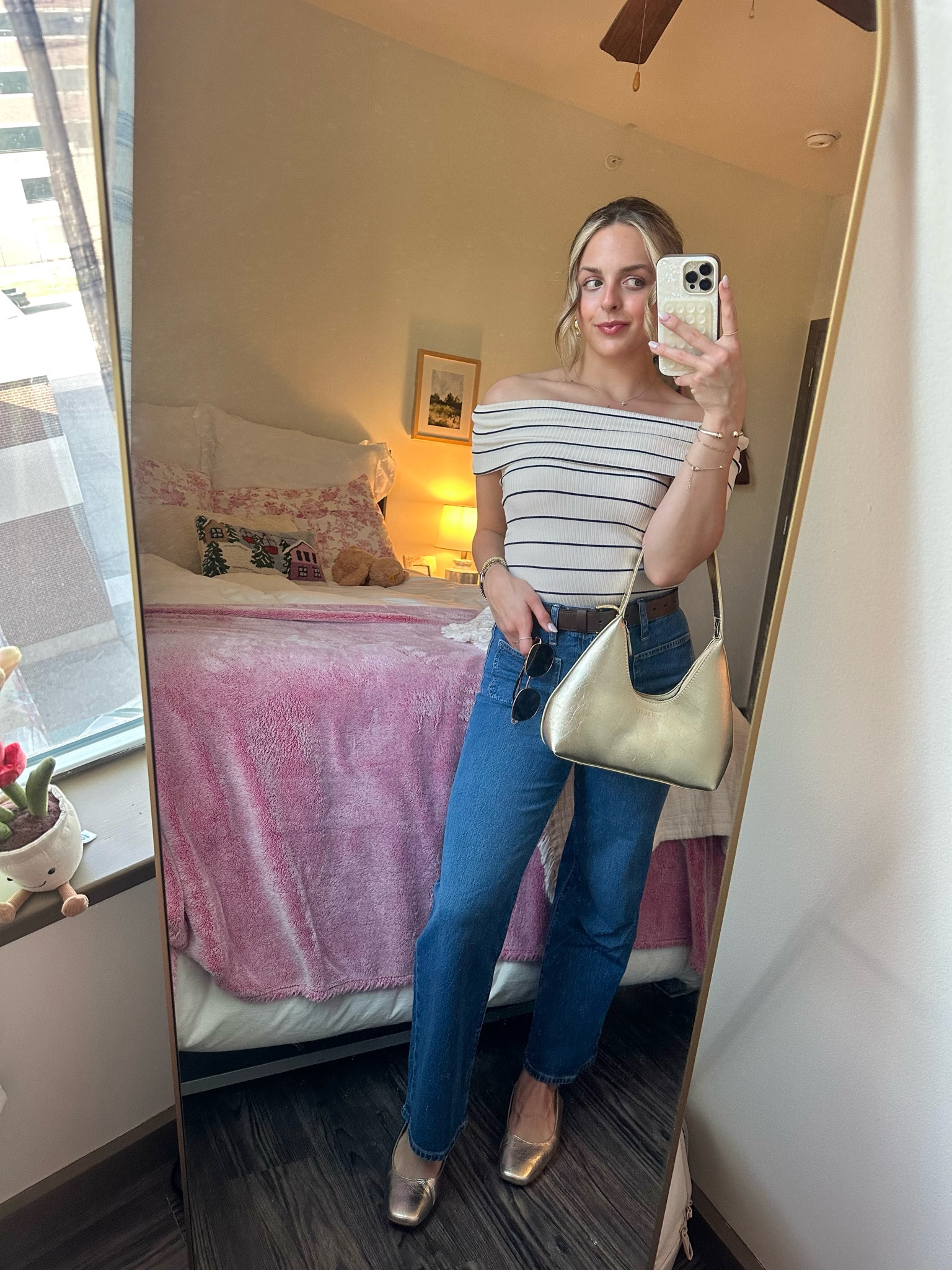 classy going out look⚡️ Off the Shoulder Top, J Crew Front Pocket Jeans, Gold shoes, Gold purse, Mixed metal accessories 

#LTKshoecrush #LTKSeasonal #LTKstyletip