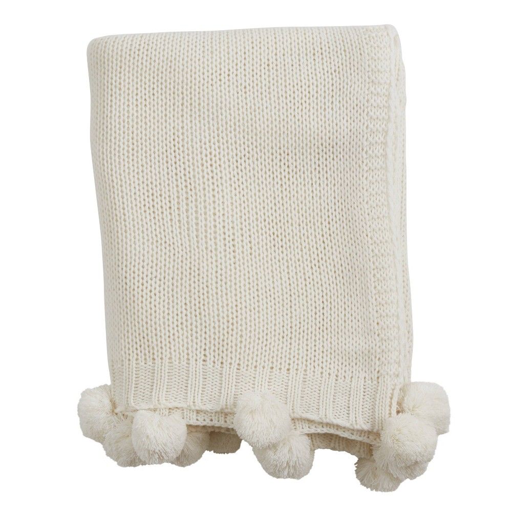 Knitted Pom Pom Throw Blanket Ivory - Saro Lifestyle | Target