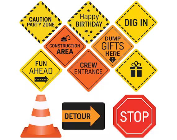 Construction Birthday Party Supplies Signs - 12 Double Sided Medium Size Traffic Cutout Signs for... | Etsy (US)
