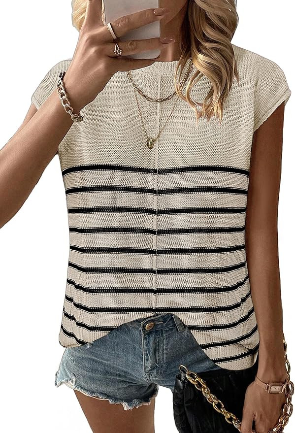 Zeagoo Women's Cap Sleeve Sweater Vest Crew Neck Sleeveless Casual Knit Tops 2024 Summer Clothes ... | Amazon (US)