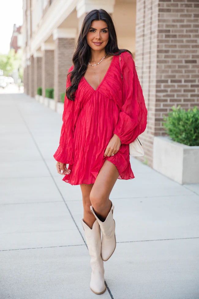 Bet On It Red Babydoll Long Sleeve Dress | Pink Lily