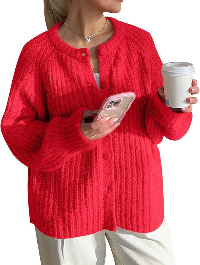 COZYPOIN Women Chunky Cardigan Open Front Sweater Long Sleeve Knitted Cardigan Button Down Outerw... | Amazon (US)