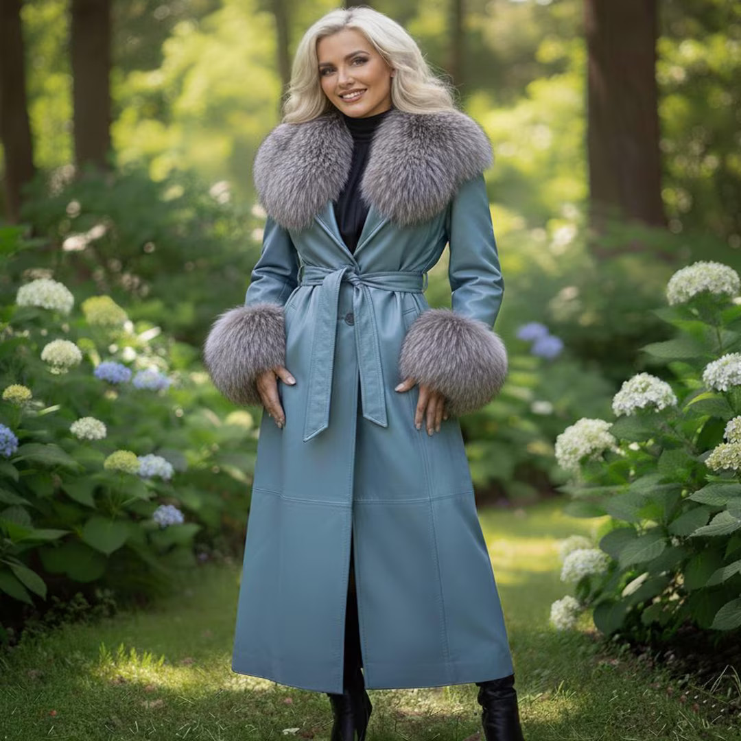 Lambskin Leather Long Winter Coat With Fox Fur Collar and Cuffs for Women - Etsy | Etsy (US)