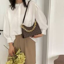 Quilted Baguette Bag Chain Decor Brown Fashionable Adjustable Strap | SHEIN