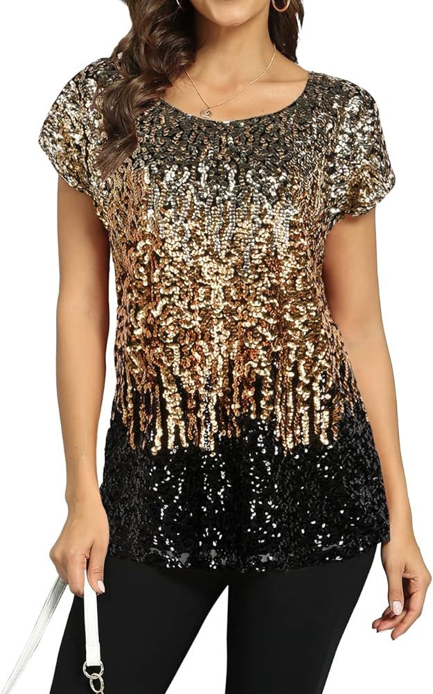 PrettyGuide Women's Sequin Top Shimmer Glitter Loose Bat Sleeve Party Tunic Tops | Amazon (US)