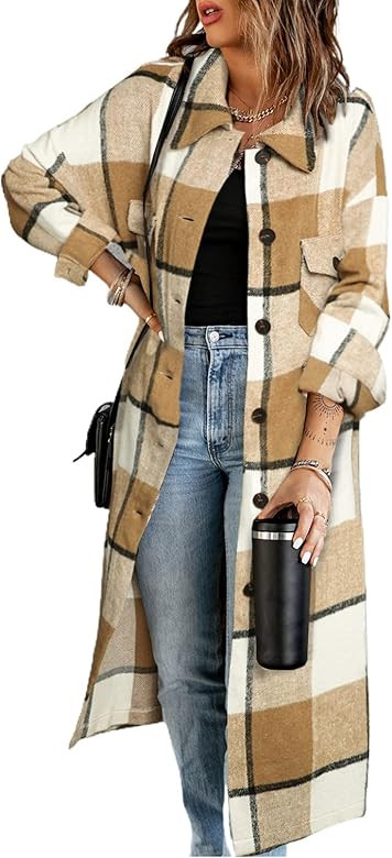 SHEWIN Women's Casual Lapel Button Down Long Plaid Shirts Coat Tartan Shacket Jacket | Amazon (US)