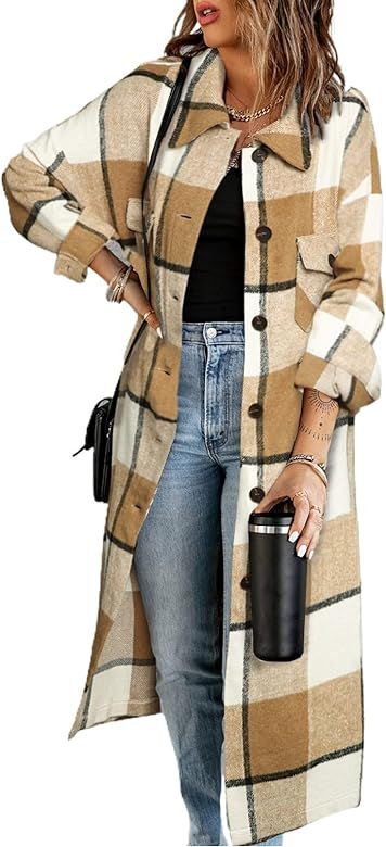 SHEWIN Women's Casual Lapel Button Down Long Plaid Shirts Coat Tartan Shacket Jacket | Amazon (US)