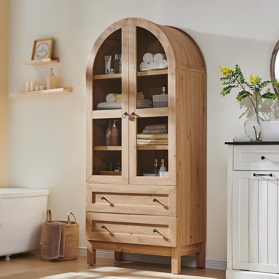 71" Tall Arched Bathroom Storage Cabinet, 4-Tier cabinet w/2 Large Drawers &Adjustable Shelves, W... | Amazon (US)
