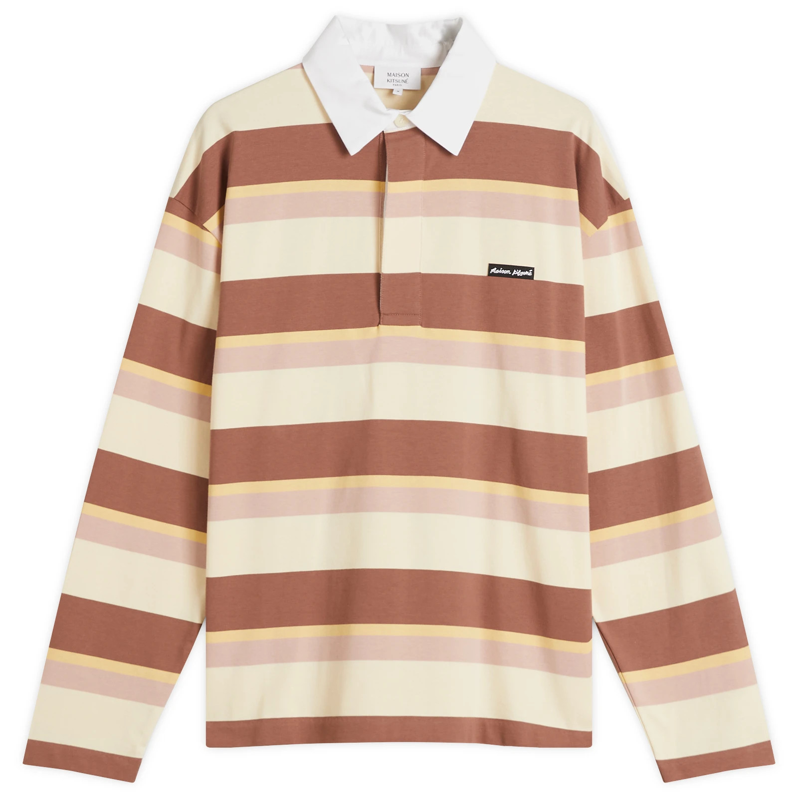 Maison Kitsuné Men's Striped Rugby Shirt in Honey/Brunette, Size Large | END. Clothing
