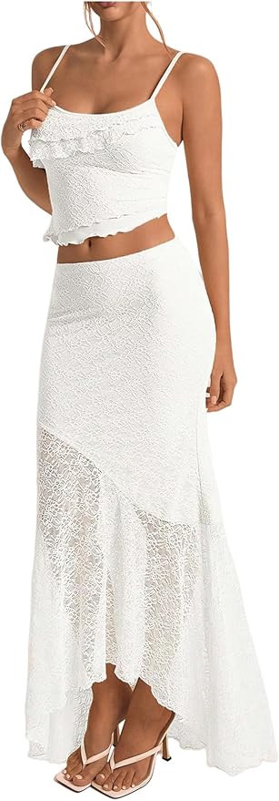 GORGLITTER Women's Two Piece Maxi Skirt Sets Summer Outfits Going Out Lace Asymmetrical Long Skir... | Amazon (US)