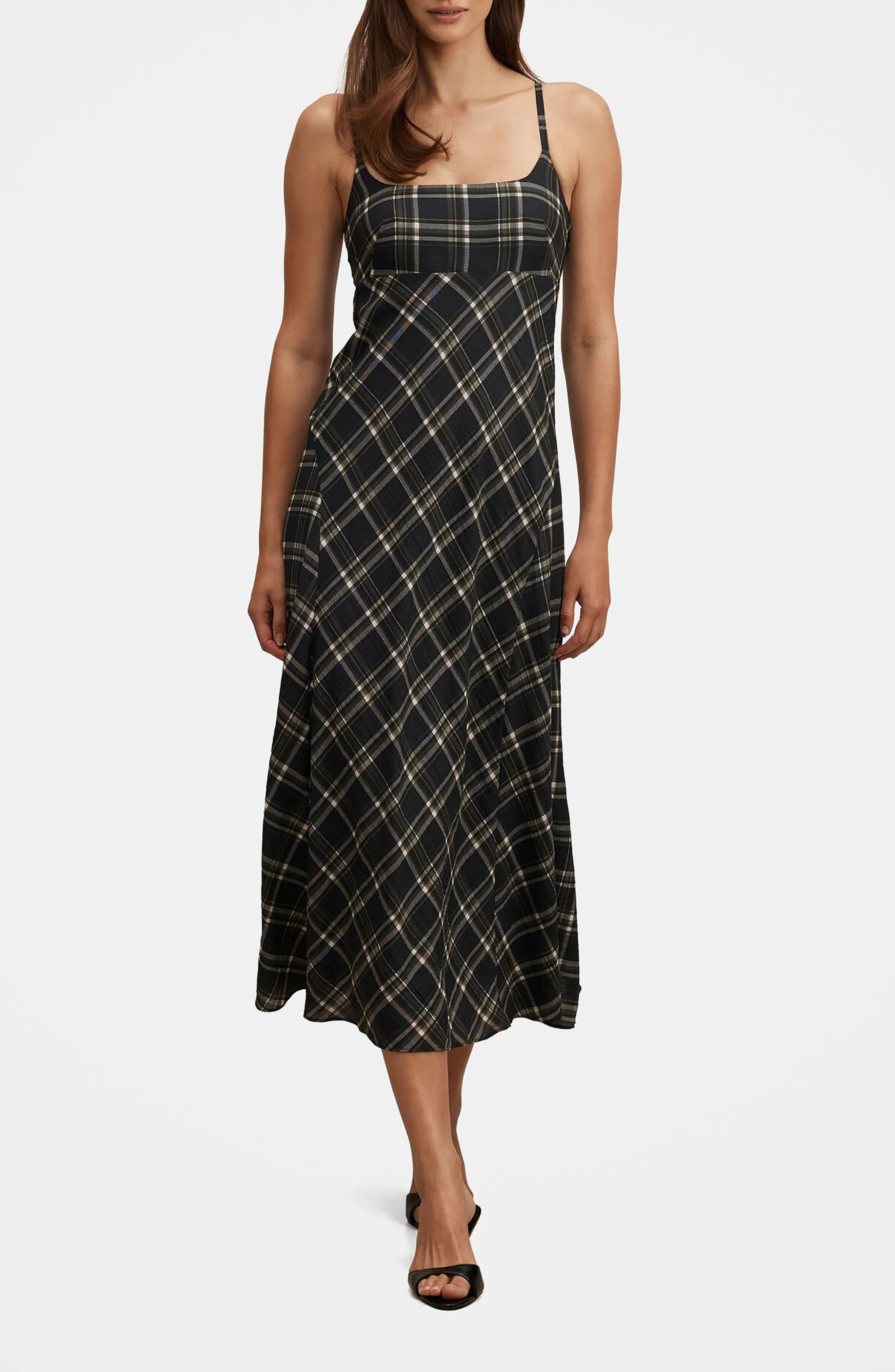 Ever New Harley Check Godet Midi Dress in Olive Check at Nordstrom, Size 8 | Nordstrom