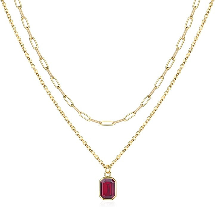 Layered Birthstone Necklace for Women Girls, 14K Gold-Plated Paperclip Chain Choker Necklace with... | Amazon (US)