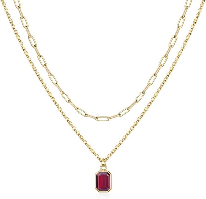 Layered Birthstone Necklace for Women Girls, Gold Silver Rose Gold Plated Layered Paperclip Chain... | Amazon (US)