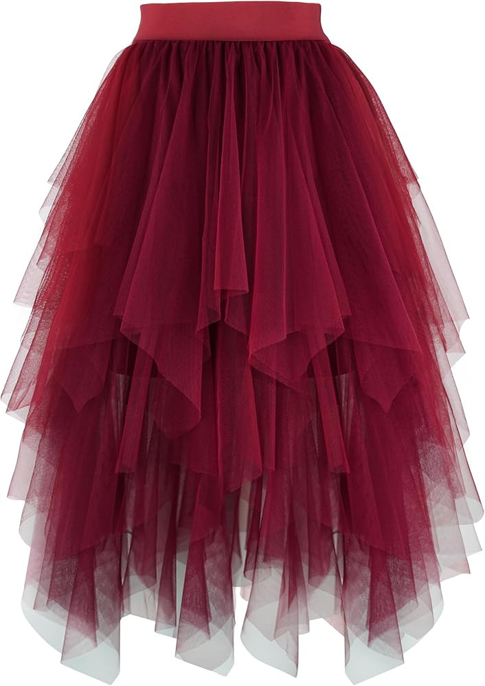 PUKAVT Tulle Skirts for Women High Waist Elastic Midi Skirt A-line Irregular Layered Mesh Tutu Sk... | Amazon (US)