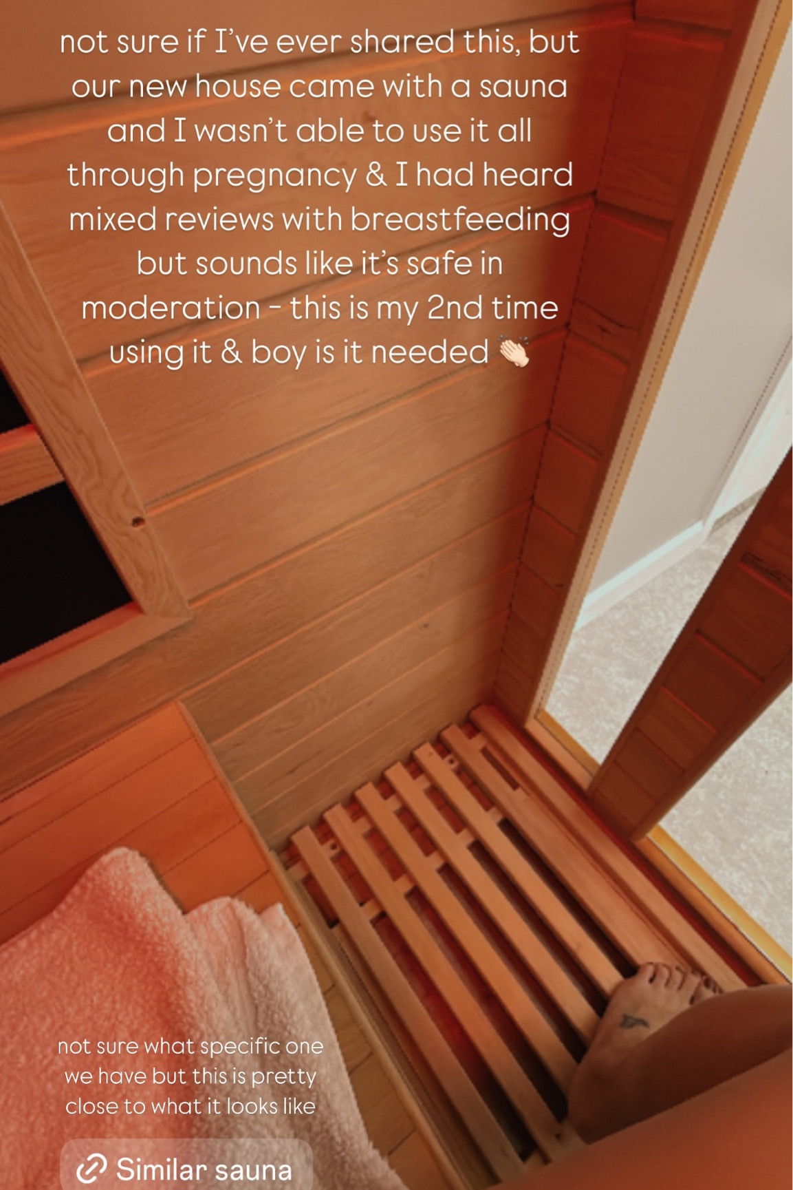Our new house came with a sauna and I wasn’t able to use it all through pregnancy & I had heard mixed reviews with breastfeeding but sounds like it’s safe in moderation - this is my 2nd time using it & boy is it needed 👏🏻 not sure what specific one we have but this is pretty close to what it looks like // sauna / in home sauna 

#LTKHome #LTKFitness #LTKActive