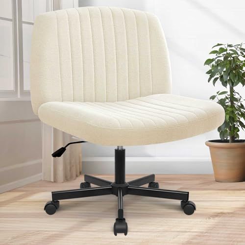 Orange Factory Criss Cross Legged Armless Desk Reading Chair with Wheels Swivel Modern Ergonomic Vanity Bedroom Adjustable Wide Comfy Computer Gaming Chairs for Home Office (Beige) | Amazon (US)