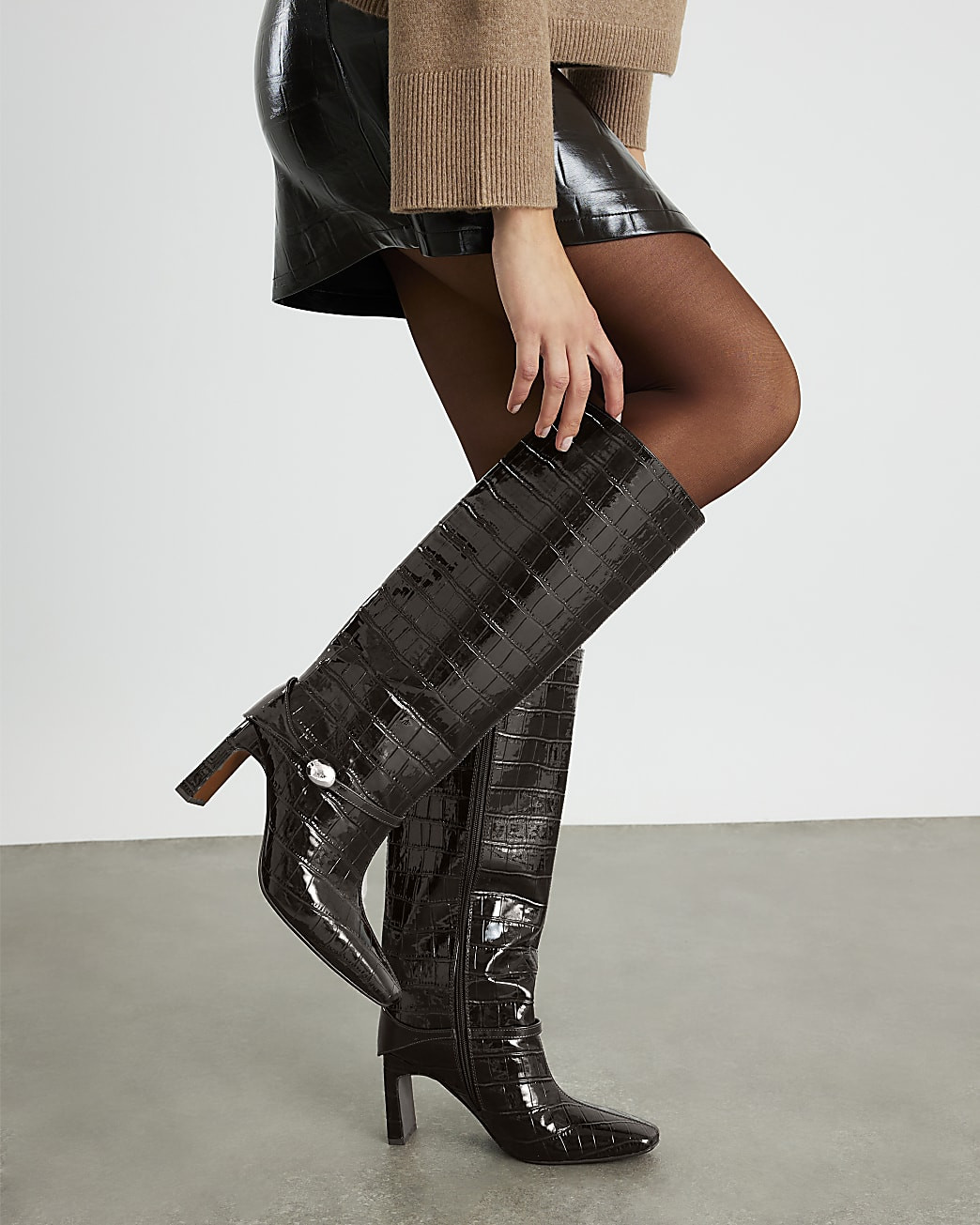 Brown Straight High Leg Hardware Boots | River Island UK & IE