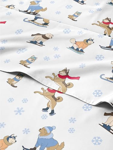 Queen Christmas Ski Dogs Sheet Set - Holiday Xmas Pattern Bedding Set - Deep Pockets - Snug Fit - 4 Piece - Wrinkle Free - Comfy & Cooling Festive Winter - Holiday Sheets for Women, Men, Kids & Teens | Amazon (US)
