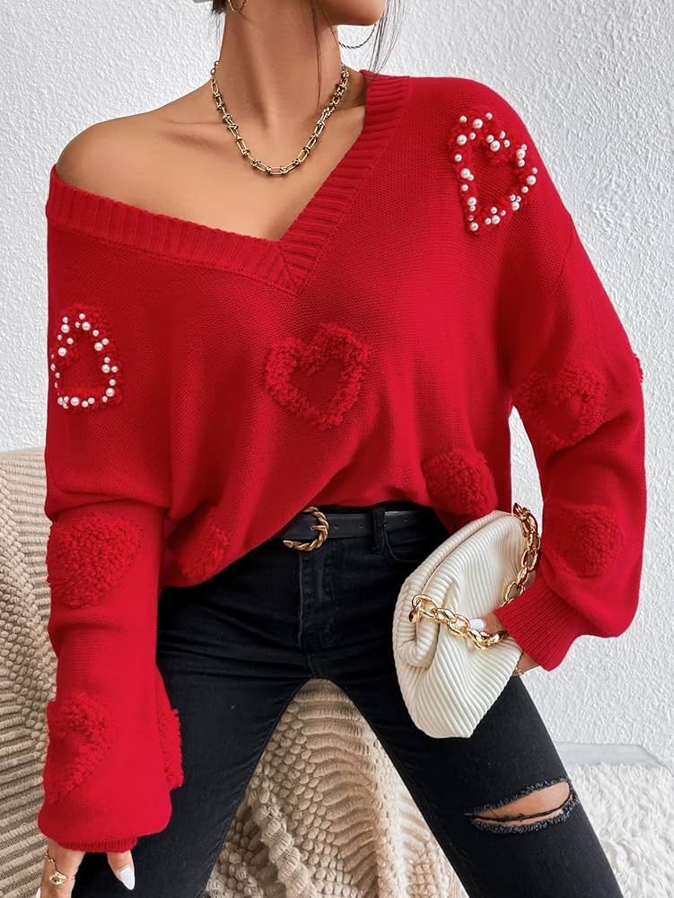 Sweaters for Women - Pearls Heart Detail -Neck Drop Shoulder Sweater Women's Sweaters (Color : Re... | Amazon (US)