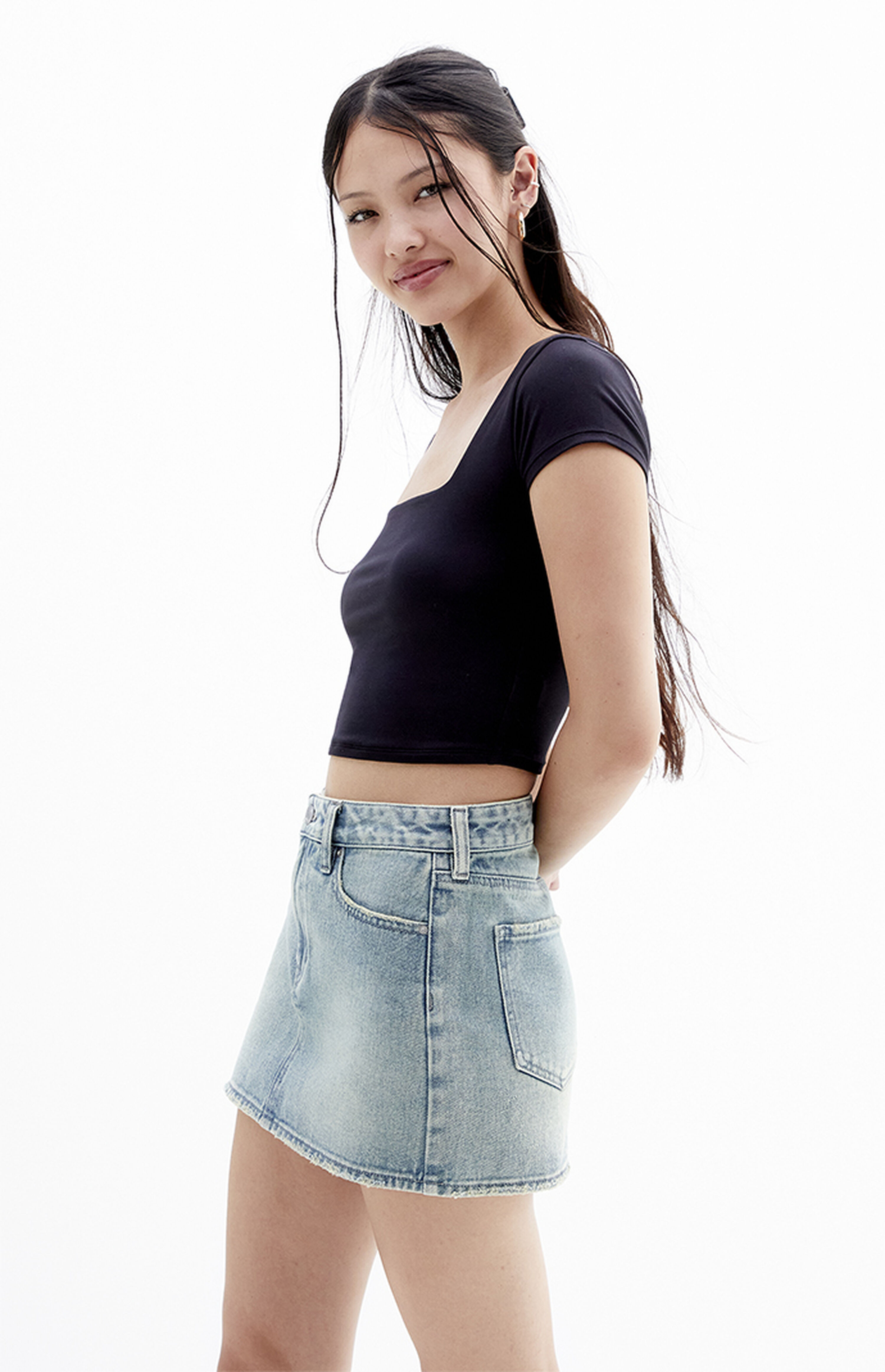 PacSun Medium Indigo Mid Rise Denim Mini Skirt | PacSun
