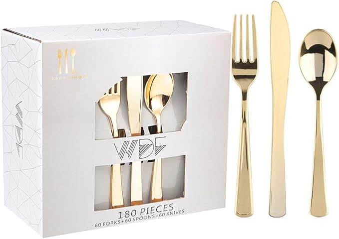 WDF 180 Pieces Disposable Plastic Gold Silverware Cutlery - Disposable Flatware Set 60 Forks, 60 ... | Amazon (US)