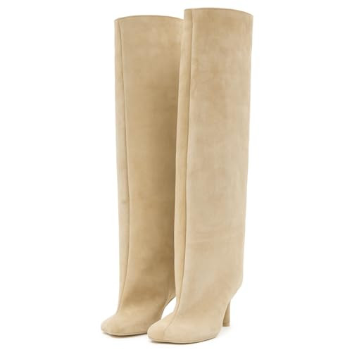 VOZTOLLS Suede Knee High Boots for Women Square Toe Stiletto Heel Long Boots Pull On Wide Calf Tall High Heel Boots Fashion Fall Winter Booties Beige Size 10 | Amazon (US)