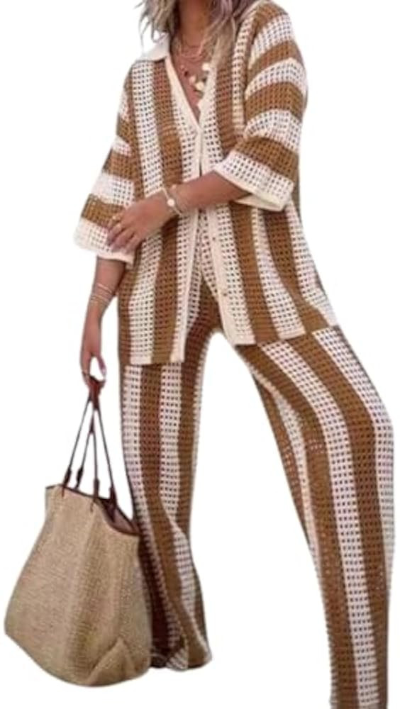 Aesthetic 2 Piece Sets for Women Crochet Sets Two Piece Women Crochet Sweater Vacation Outfits | Amazon (US)