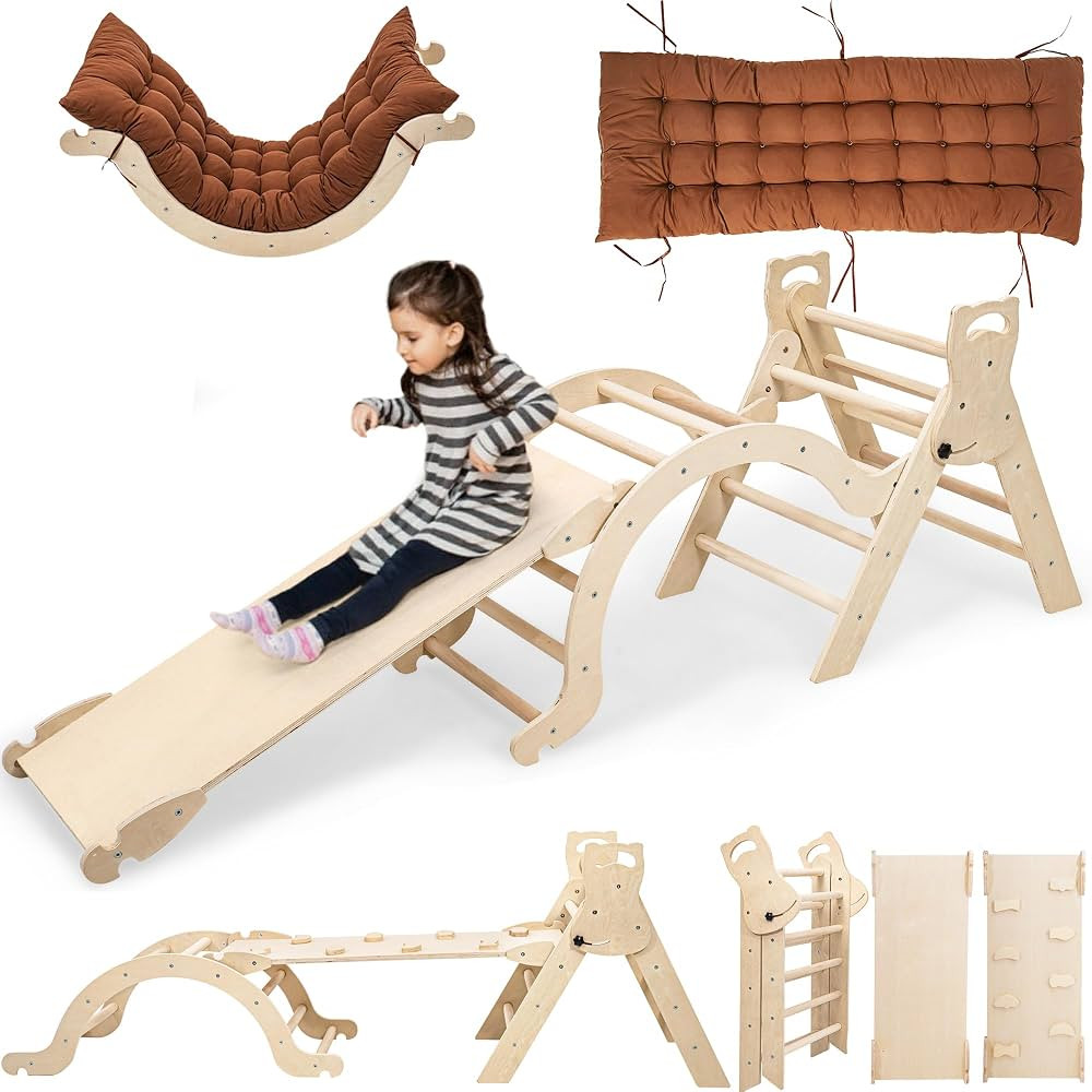 Pikler Triangle Set with Cushion, Arch and Slide, Toddler Climbing Toys Indoor Playground, Montes... | Amazon (US)