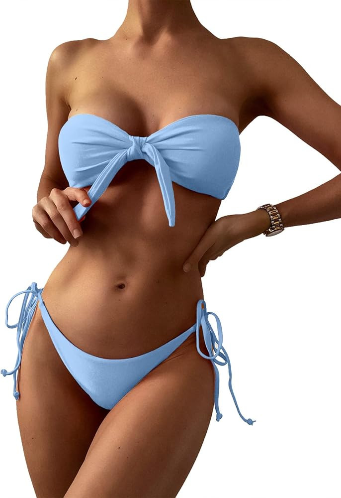 ZAFUL Knotted Bandeau Bikini for Women Strapless Swimsuits High Cut Bathing Suit Sexy Cheeky Tie ... | Amazon (US)
