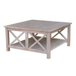 Hampton 36 in. Weathered Gray Medium Square Wood Coffee Table with Shelf | The Home Depot