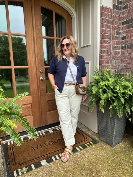 You can’t beat a classy navy white and khaki look. Then add the modern chunky spice in a cognac? Wow. Love this look. 
Pants size 14. I did not hem them. They are a cropped length. 
Blouse size large. You’ll need a Cammi or nude bra 
Sweater size XL 

Yes? The slides are comfy. Big fan. 
Adding my clear framed reader link too  

Sam Edelman Walmart fashion navy cardigan preppy style business casual 

#LTKShoeCrush #LTKMidsize #LTKOver40