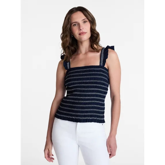 Time and Tru Women's Smocked Cotton Tank Top with Ruffle Straps, Sizes XS-XXXL | Walmart (US)