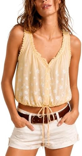 Womens Summer Boho Embroidered Tank Button Down Cami Tops Flowy Crop Tops | Soft cotton gauze,bre... | Amazon (US)