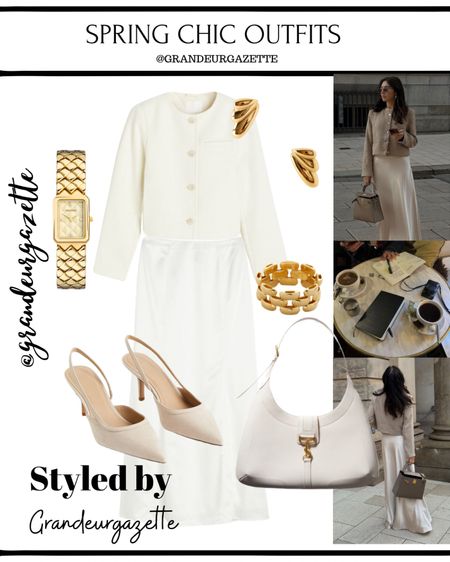 Spring chic Outfit | White Monochrome Outfit| Satin Skirt| Tweed Jacket| Kitten heels | Baguette Bag| Gold Jewellery 

#LTKshoecrush #LTKitbag #LTKSeasonal