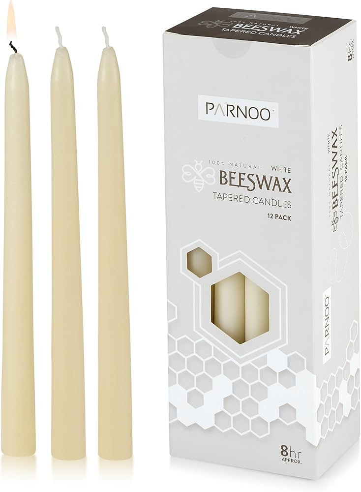 PARNOO 100% Natural White Beeswax 10 Inch Tall Tapered Candles, 8 Hours Burn time - Pack of 12 (D... | Amazon (US)