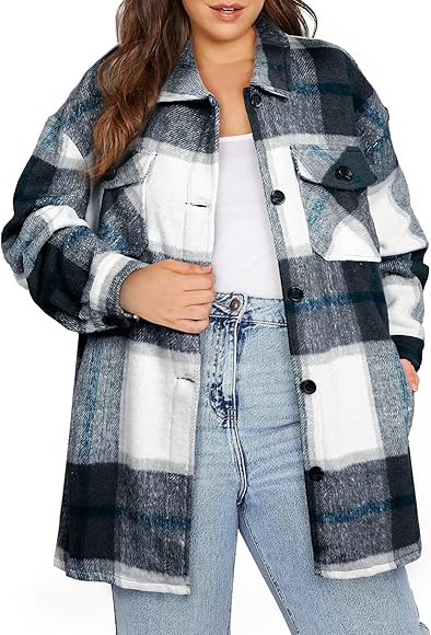 Eytino Womens Plus Size Long Sleeve Button Down Boyfriend Shirts Casual Plaid Shacket Jacket Coats(1 | Amazon (US)