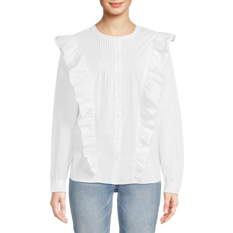 The Get Women's Long Sleeve Button Front Blouse with Ruffles | Walmart (US)